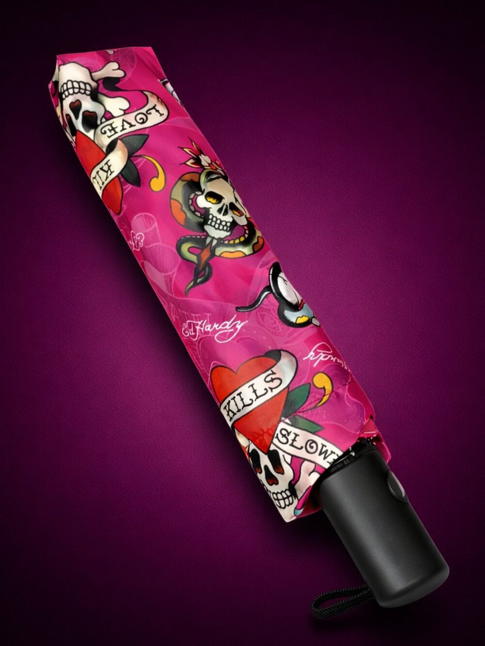 ED HARDY Pink Skull Tattoo Umbrella Y2K Hearts Love Kills Graphic Rare - Picture 13 of 13